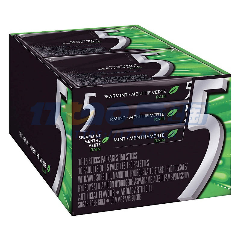 Wrigley’s 5 Sugar-free Gum, Rain Tingling Spearmint, 15 Sticks, Pack of 10 Wrigley’s 5 Sugar-free Gum, Rain Tingling Spearmint, 15 Sticks, Pack of 10